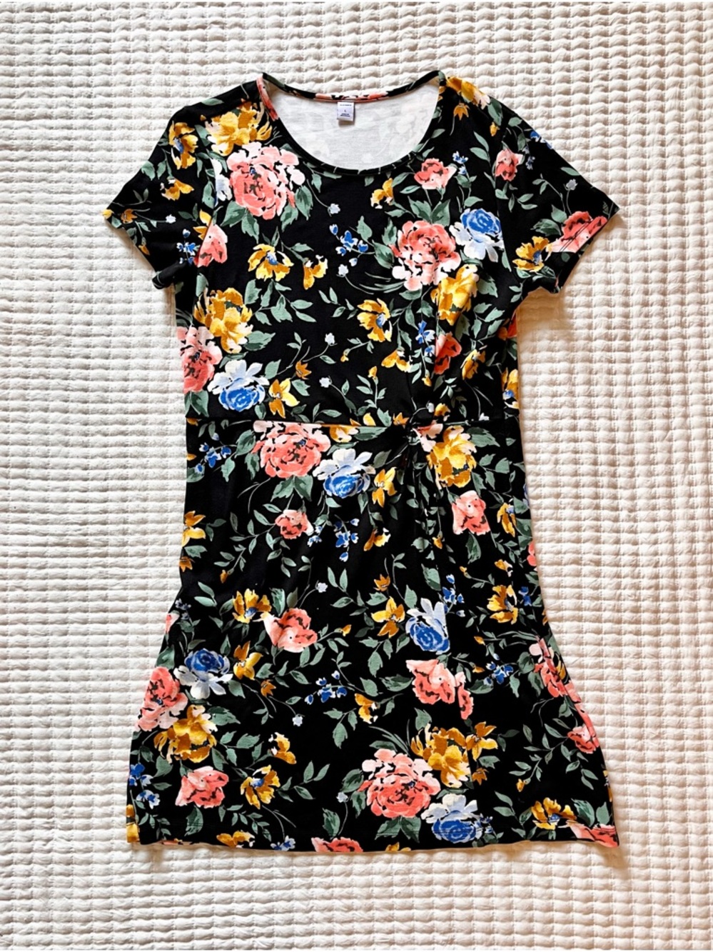 Old Navy Floral Dress Black Multi Color Cinched Waist Short Sleeve Size Large